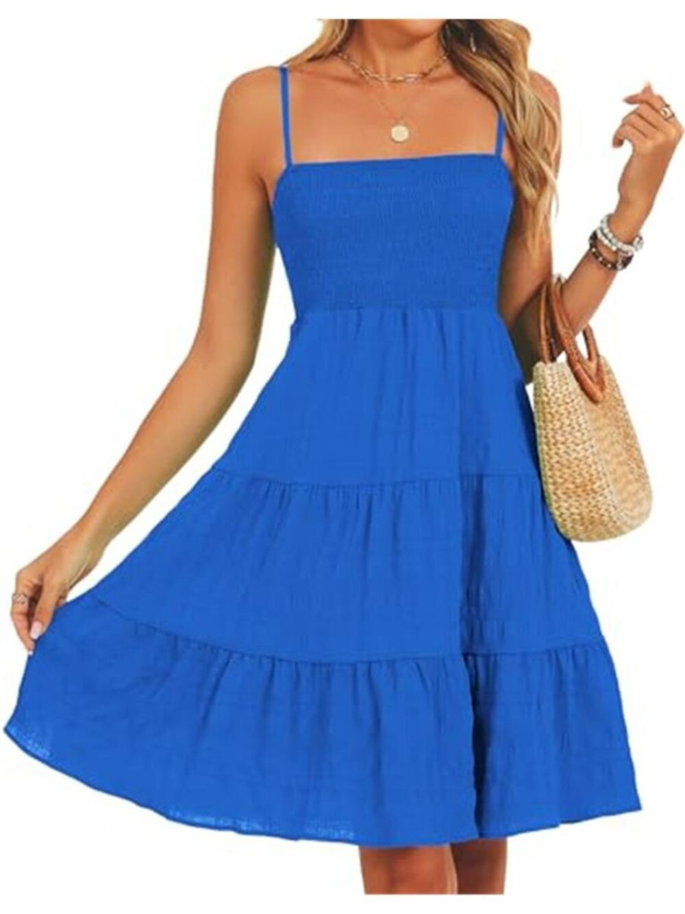 Blue Womens Casual Summer Spaghetti Strap Smocked A Line Beach Vacation Sun